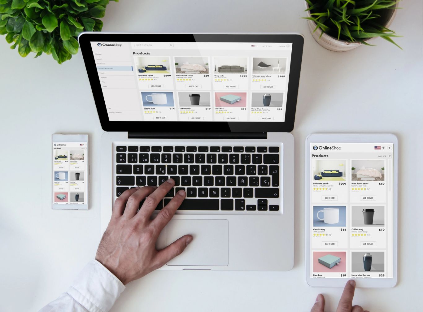 Stock image of a customer shopping on various devices