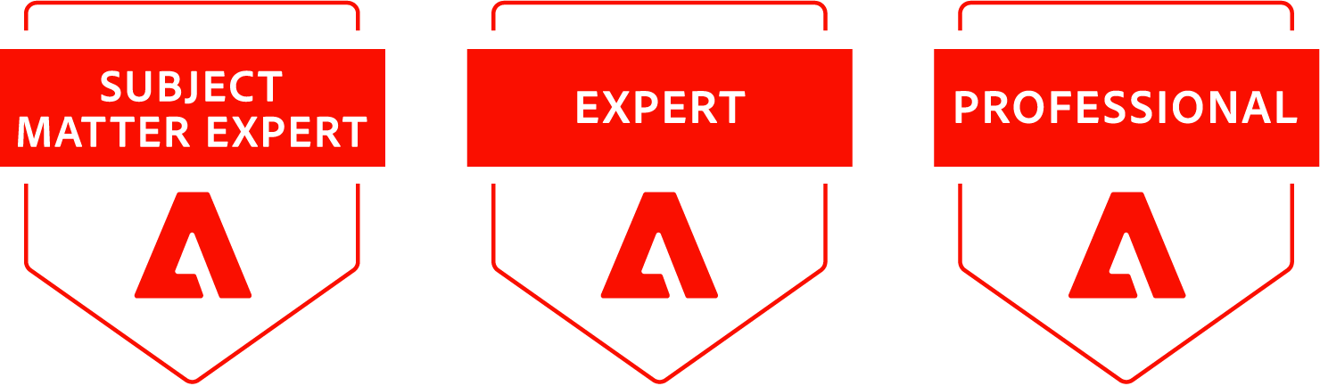 Adobe Professional, Expert & Subject Matter Expert certification badges for Screen Pages
